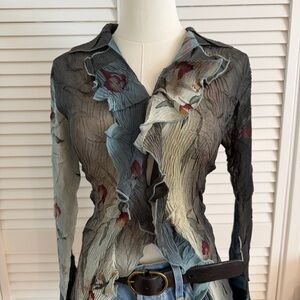 Komarov Crinkle Pleated Floral Chiffon Blouse with Ruffle Trim